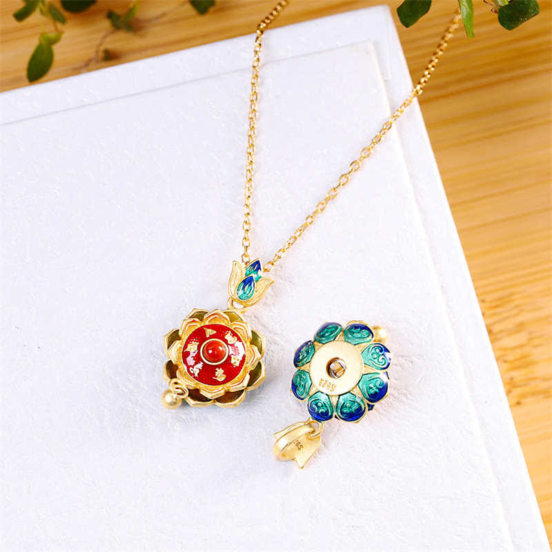Fortune Jewel 925 Sterling Silver Tibet Lotus Prayer Wheel Red Agate Enlightenment Necklace Pendant