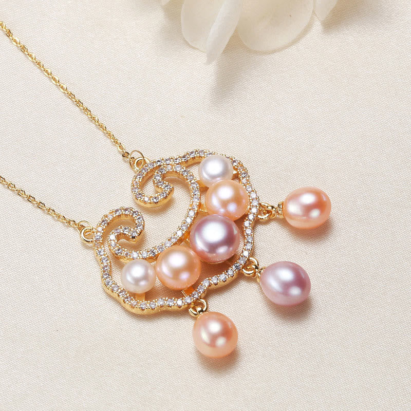 Fortune Jewel 18K Gold Plated Natural Pearl Chinese Lock Charm Sincerity Necklace Pendant