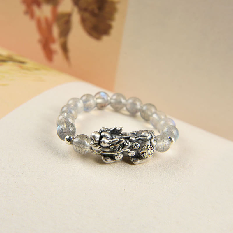 Fortune Jewel 925 Sterling Silver Natural Garnet Moonstone Red Agate PiXiu Wealth Ring