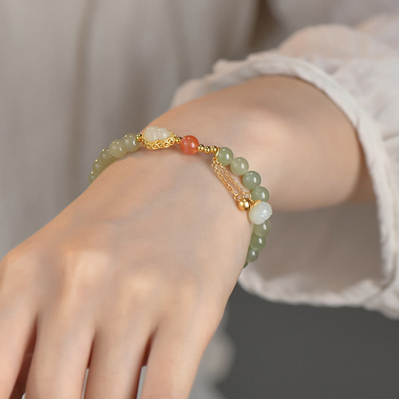 Fortune Jewel 925 Sterling Silver Hetian Jade Gourd Lotus Abundance Luck Bracelet