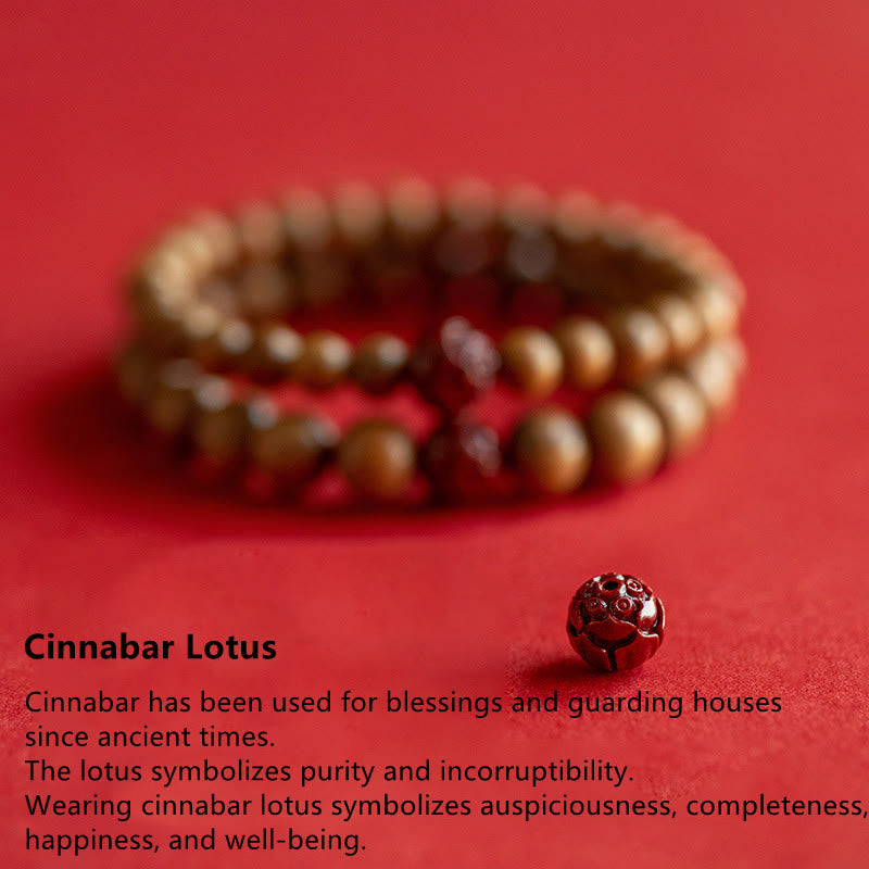 Fortune Jewel Peach Wood Lotus Cinnabar Luck Wealth Bracelet
