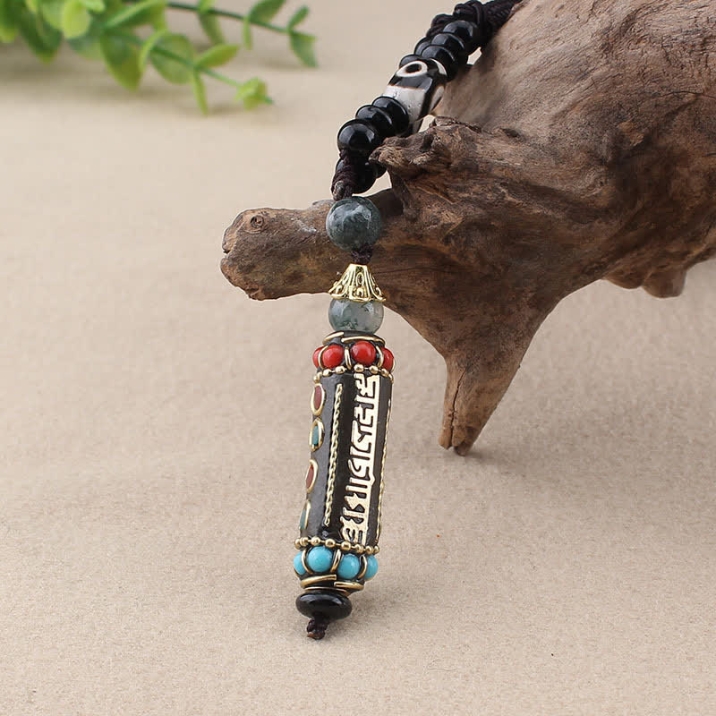 Fortune Jewel Tibetan Om Mani Padme Hum Dzi Bead Wenge Wood Necklace Pendant