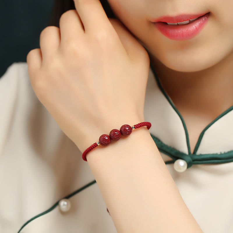 Fortune Jewel Handmade Cinnabar Om Mani Padme Hum Engraved Beads Blessing Braided Bracelet