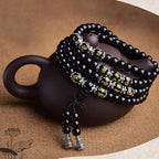 Fortune Jewel Black Obsidian Six True Words Protection Mala Bracelet