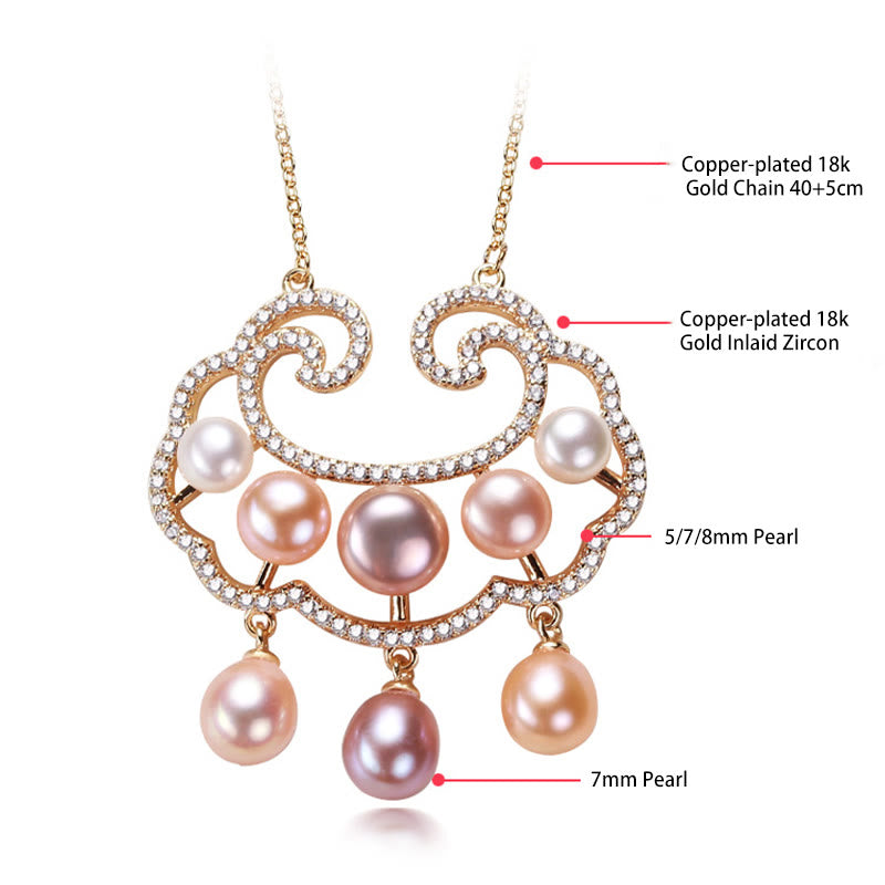 Fortune Jewel 18K Gold Plated Natural Pearl Chinese Lock Charm Sincerity Necklace Pendant