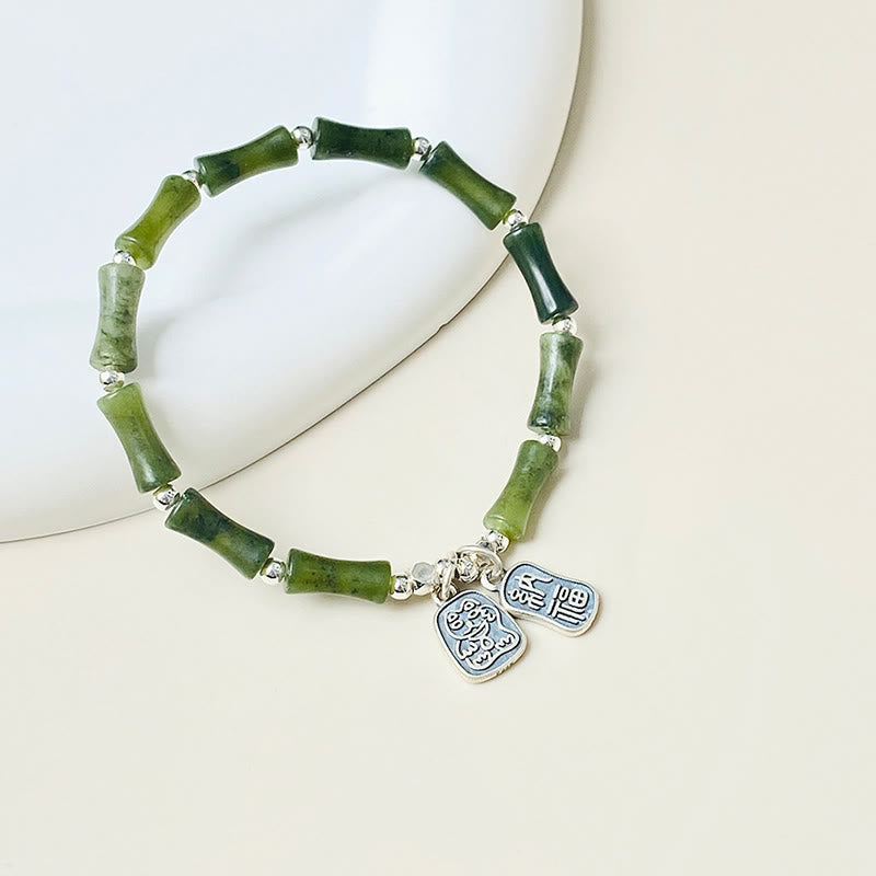 Fortune Jewel 925 Sterling Silver Bamboo Jade Lucky Cat Fu Character Luck Abundance Bracelet