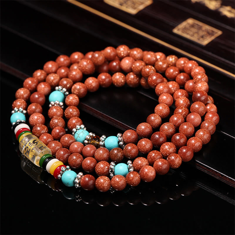 Fortune Jewel 108 Mala Beads Goldstone Om Mani Padme Hum Swastika Confidence Bracelet