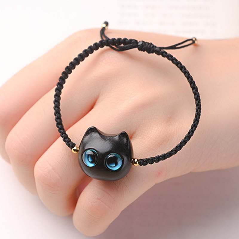 Fortune Jewel Small Leaf Red Sandalwood Ebony Wood Cute Cat Head Calm Protection Braided Bracelet