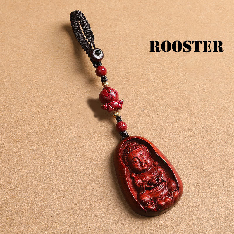 Fortune Jewel Small Leaf Red Sandalwood Buddha Cinnabar Chinese Zodiac Amulet Protection Key Chain