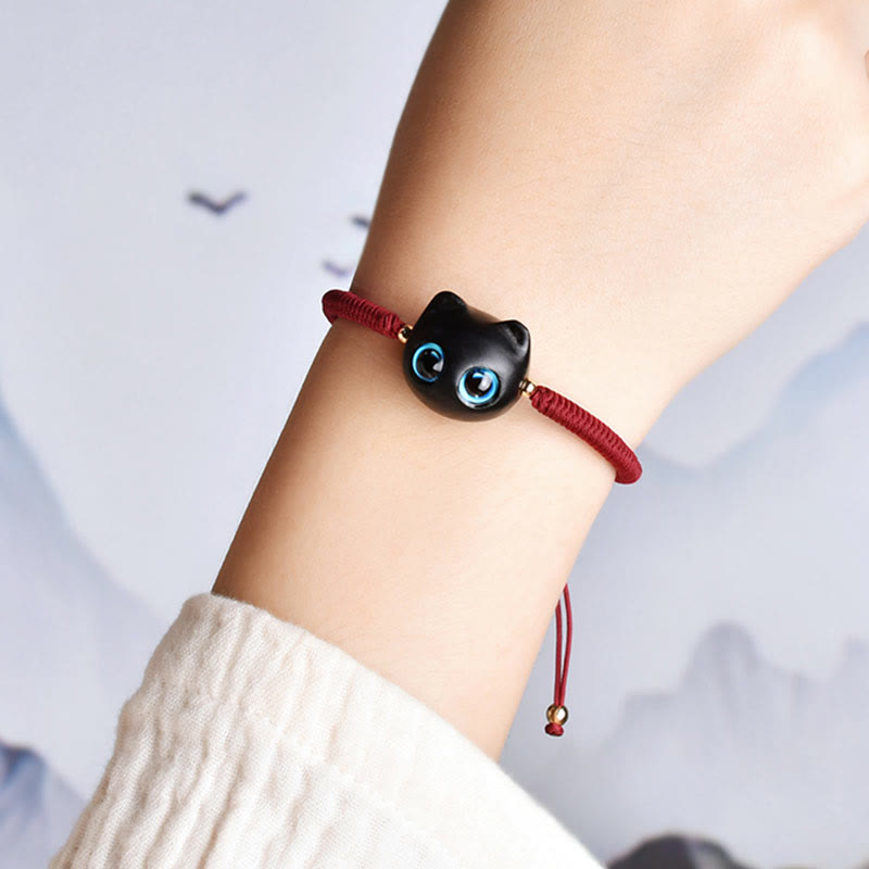 Fortune Jewel Ebony Wood Cat Head Pattern Peace King Kong Knot Braided Bracelet