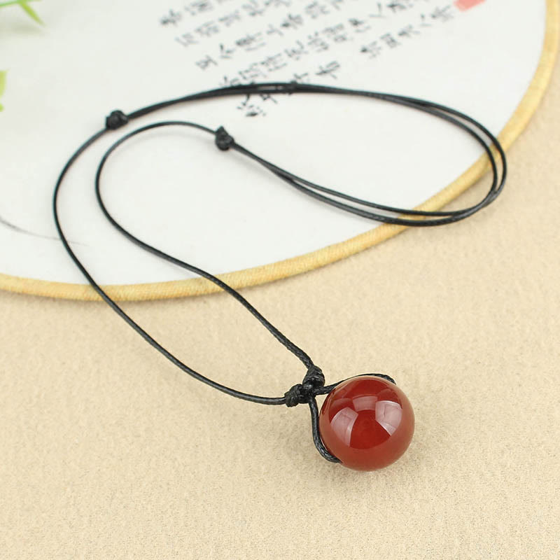 Fortune Jewel Red Agate Bead Confidence Leather Rope Necklace Pendant
