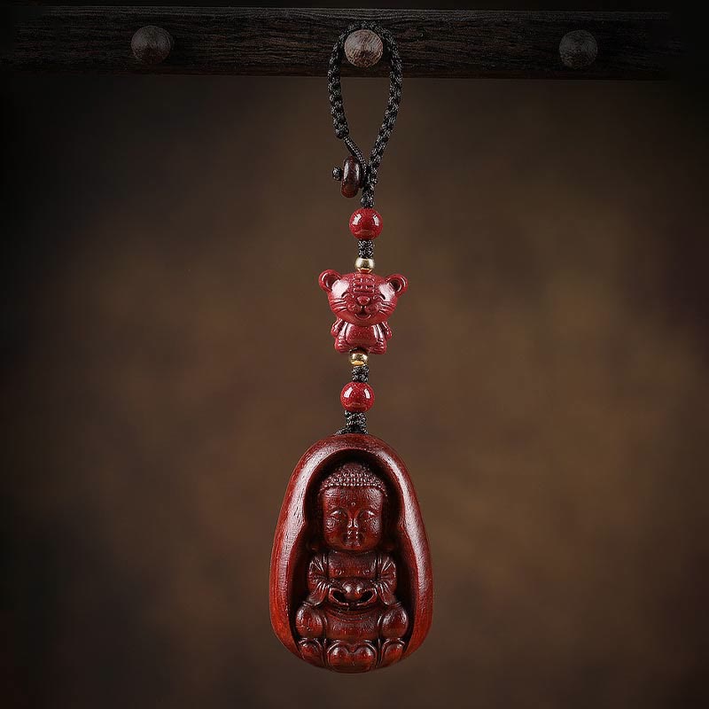 Fortune Jewel Small Leaf Red Sandalwood Buddha Cinnabar Chinese Zodiac Amulet Protection Key Chain