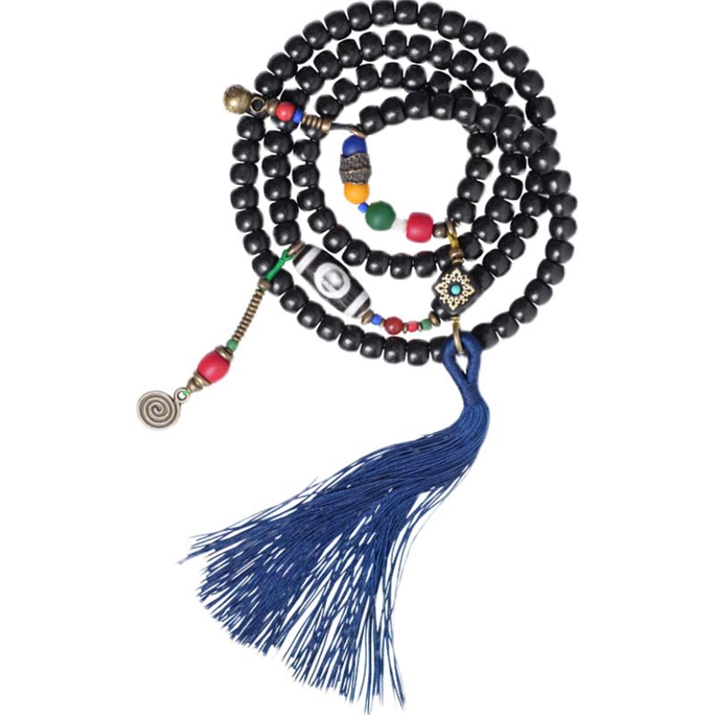Fortune Jewel 108 Beads Mala Ebony Wood Dzi Bead Copper Balance Tassel Bracelet