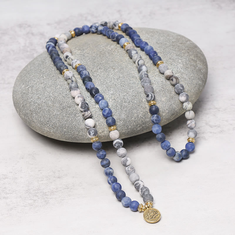 Fortune Jewel 108 Natural Picasso Jasper & Blue Stone Mala Bead Lotus Pendant Bracelet