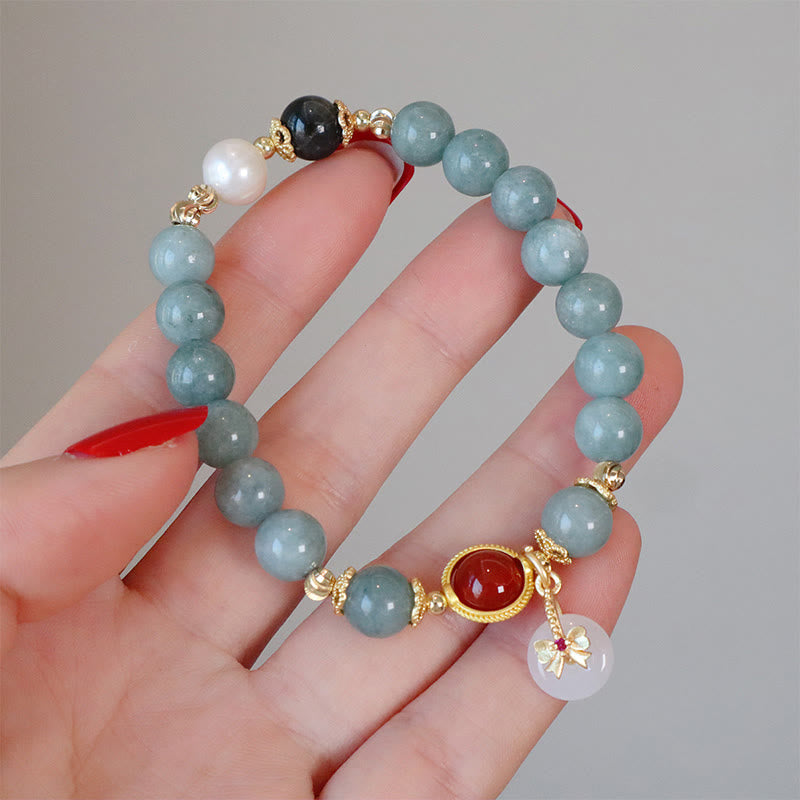 Fortune Jewel Natural Jade Red Agate Pearl Bow Tie Luck Bracelet