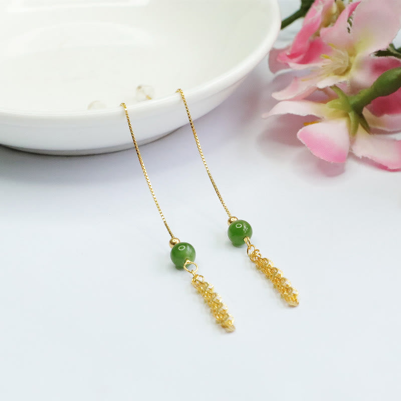 Fortune Jewel 925 Sterling Silver Natural Hetian Cyan Jade Bead Luck Phoenix Tail Drop Earrings