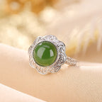 Fortune Jewel 925 Sterling Silver Hetian Cyan Jade Flower Design Luck Adjustable Ring