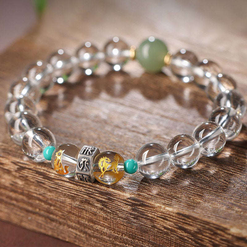 Fortune Jewel 925 Sterling Silver Chinese Zodiac Natal Buddha Auspicious Groups White Crystal Hetian Jade Healing Bracelet