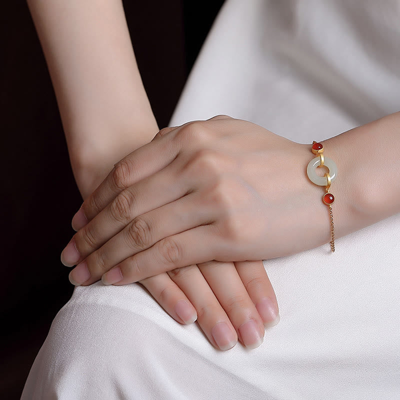 Fortune Jewel 925 Sterling Silver Plated Gold Natural Hetian Jade Peace Buckle Red Agate Luck Bracelet