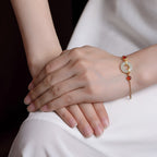 Fortune Jewel 925 Sterling Silver Plated Gold Natural Hetian Jade Peace Buckle Red Agate Luck Bracelet
