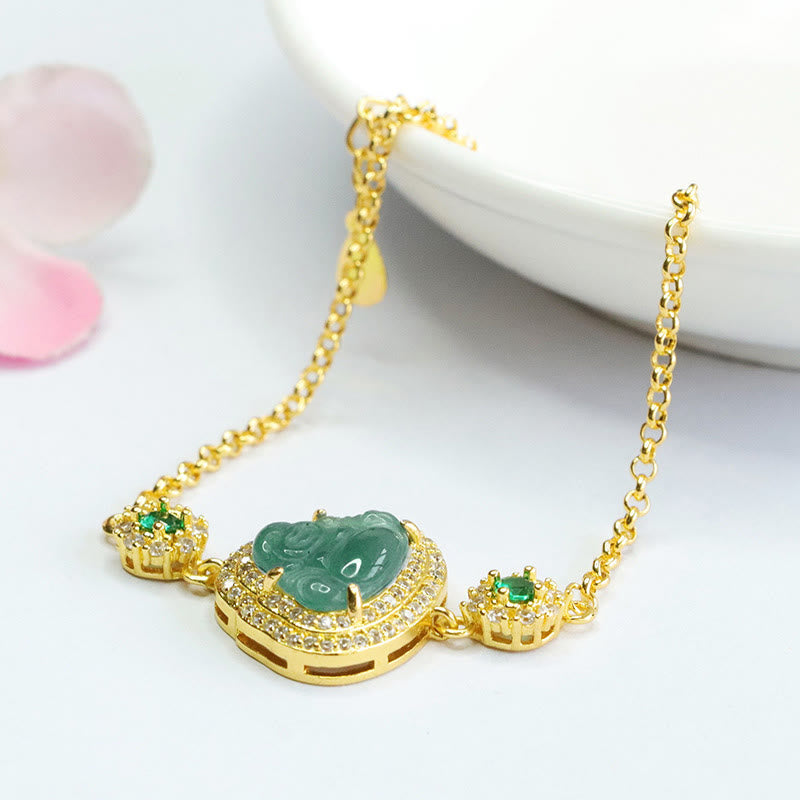Fortune Jewel Laughing Buddha Green Jade Zircon Luck Chain Bracelet