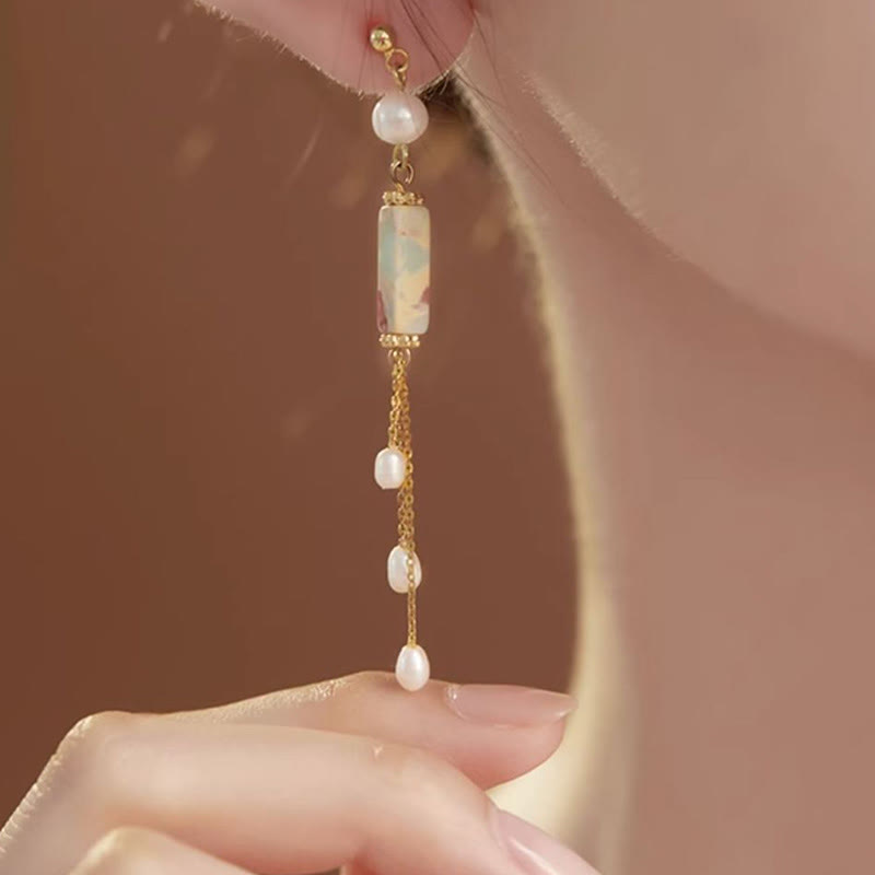 Fortune Jewel 925 Sterling Silver Posts Shoushan Stone Pearl Healing Drop Earrings