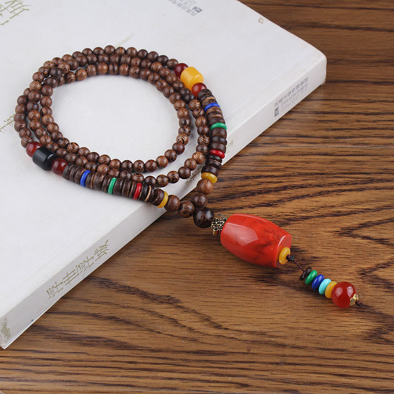 Fortune Jewel Tibetan Wenge Wood Bodhi Seed Agate Balance Peace Necklace Pendant