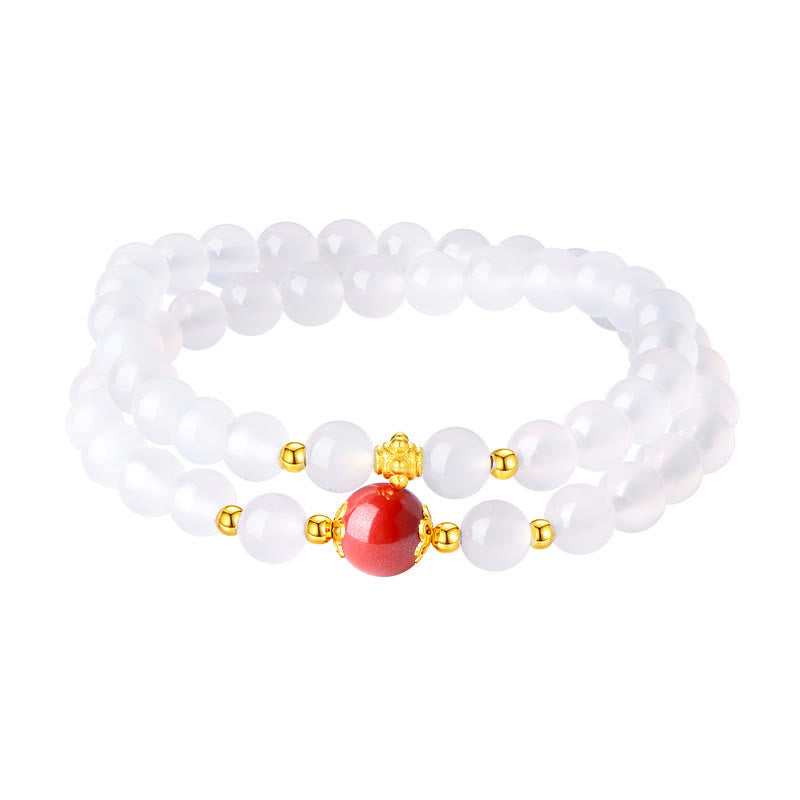 Fortune Jewel 925 Sterling Silver Natural White Agate Cinnabar Double Wrap Protection Bracelet
