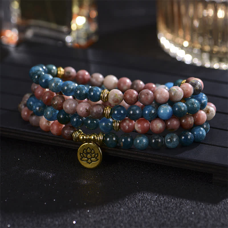 Fortune Jewel Lazurite Picasso Jasper Amazonite Rhodonite Apatite Positive Lotus Prayer Bead Bracelet