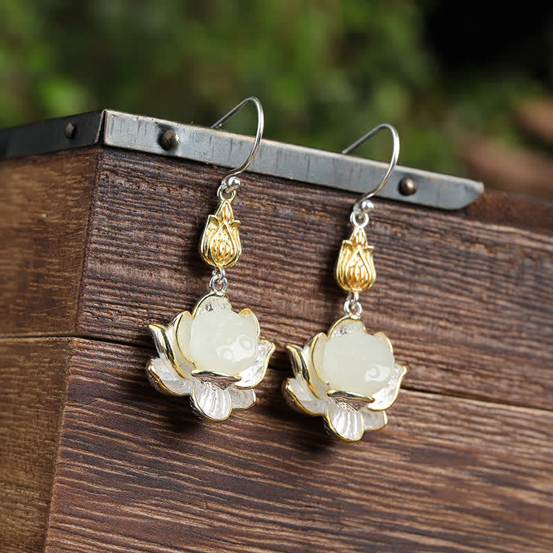 Fortune Jewel White Jade Protection Harmony Drop Earrings
