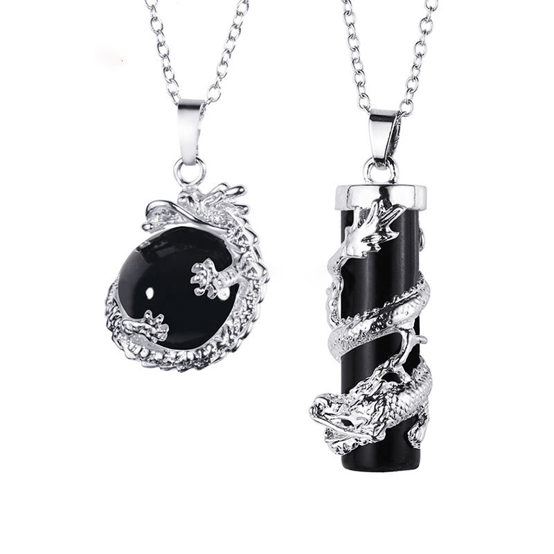 Fortune Jewel 2pc Dragon Wrapped Round Ball Gemstone Couple Necklace Pendant