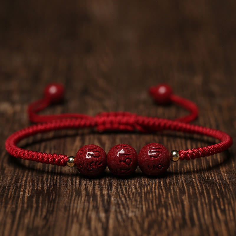 Fortune Jewel Handmade Cinnabar Om Mani Padme Hum Engraved Beads Blessing Braided Bracelet