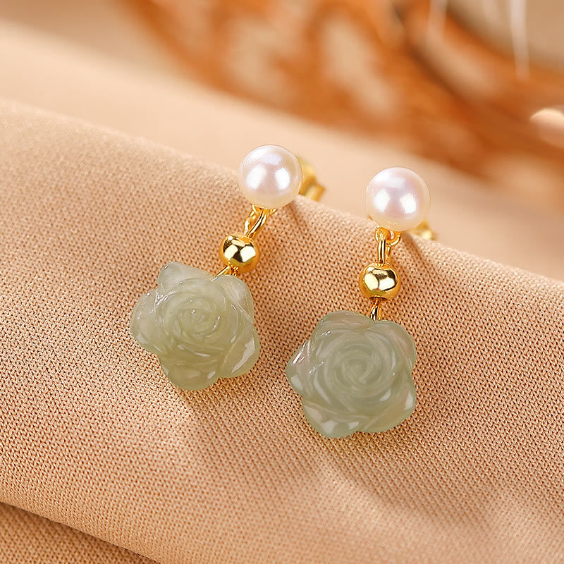 Fortune Jewel 925 Sterling Silver Plated Gold Jade Rose Flower Cyan Jade Pearl Luck Earrings