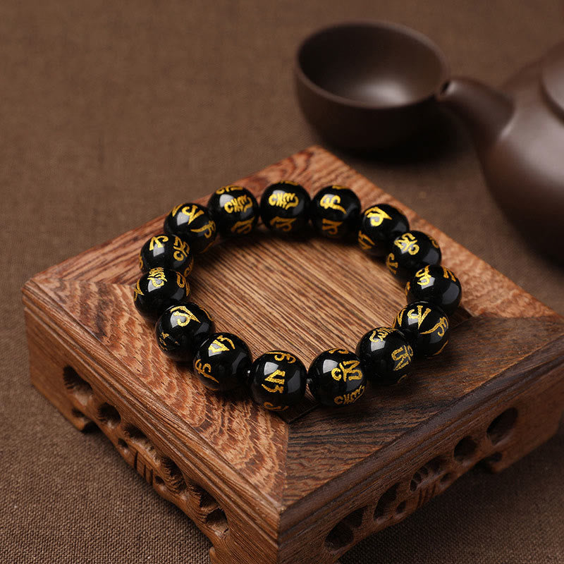Fortune Jewel Tibet White Crystal Black Onyx Om Mani Padme Hum Meditation Bracelet