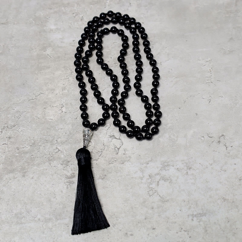 Fortune Jewel 108 Mala Black Onyx Beads Yoga Meditation Prayer Beads Necklace