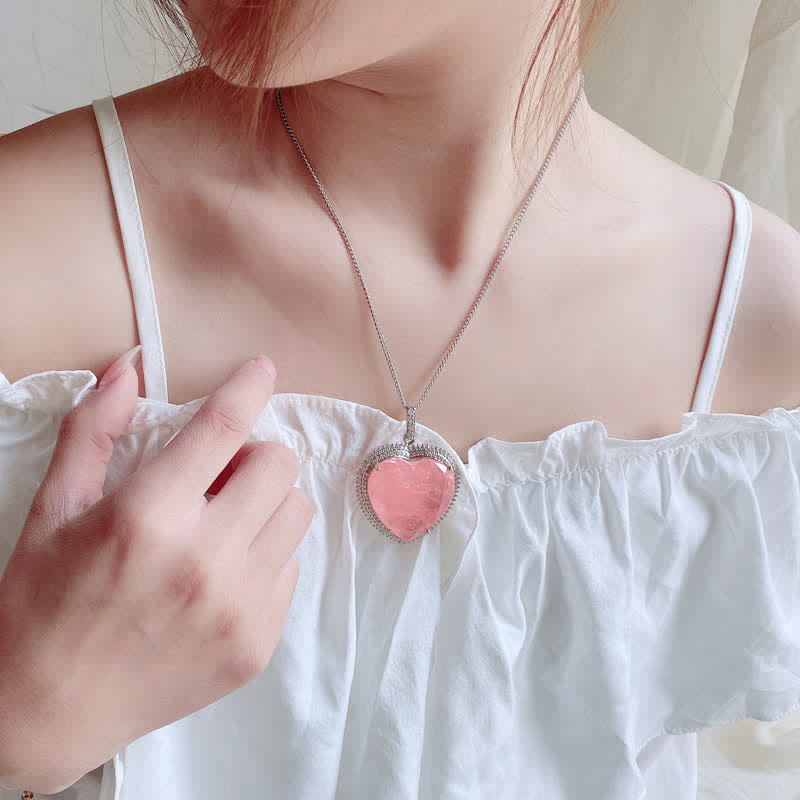 Fortune Jewel Rose Quartz Crystal Love Heart Relationships Necklace Pendant