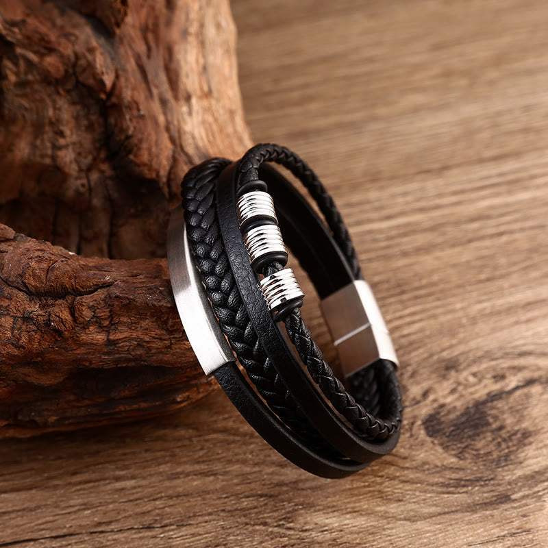 Fortune Jewel Leather Multi-Layer Titanium Steel Balance Braided Magnetic Buckle Bracelet
