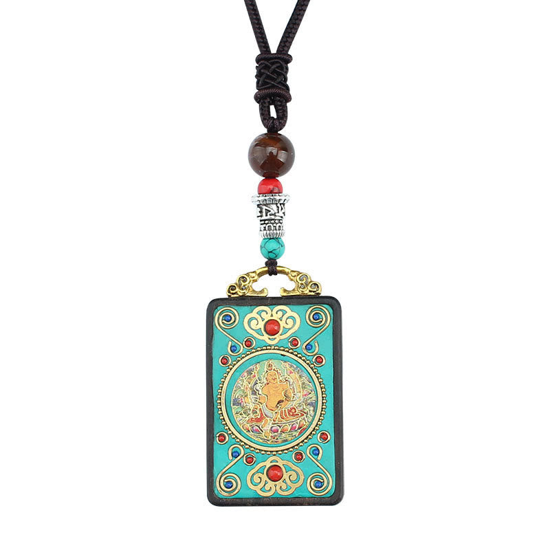 Fortune Jewel Tibet God Of Wealth Money Tree Golden Phoenix Thangka Ebony Peace Necklace Pendant