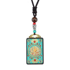 Fortune Jewel Tibet God Of Wealth Money Tree Golden Phoenix Thangka Ebony Peace Necklace Pendant