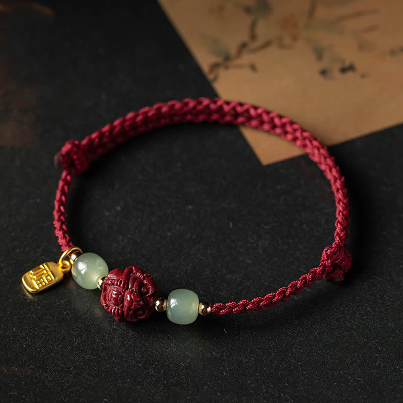 Fortune Jewel Natural Cinnabar Chinese Zodiac Hetian Jade Fu Character Luck Rope Bracelet