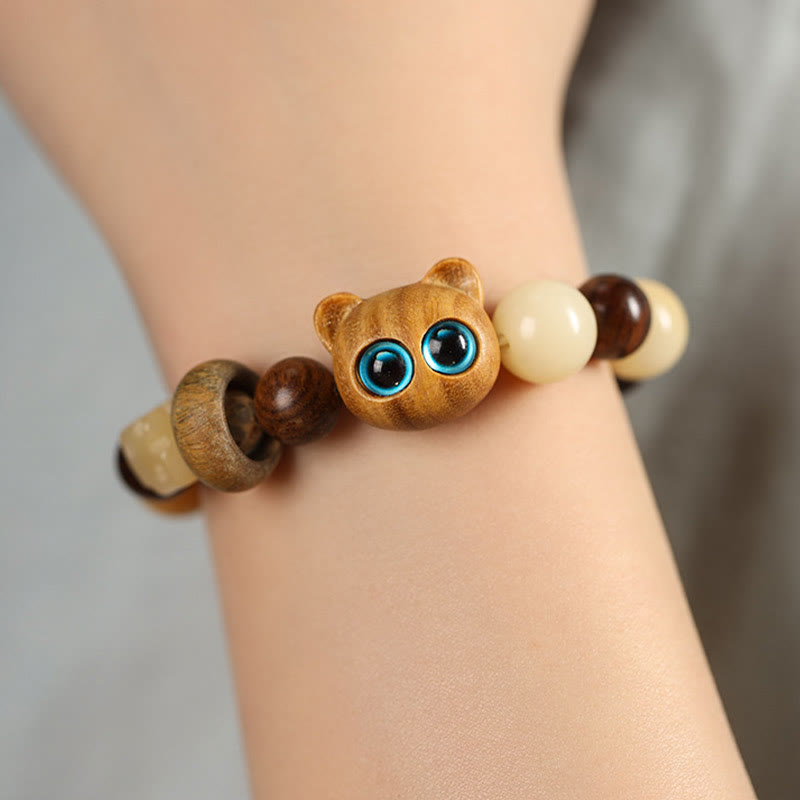 Fortune Jewel Natural Bodhi Seed Sandalwood Lucky Cute Cat Head Paw Claw Peace Bracelet