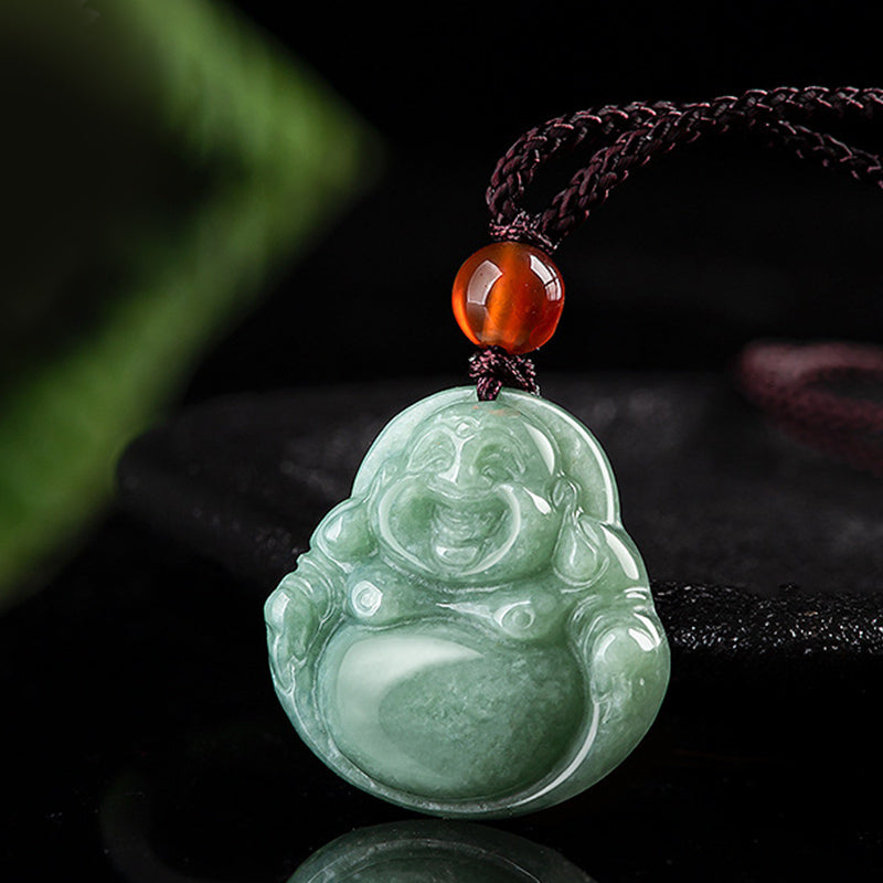 Fortune Jewel Laughing Buddha Cyan Jade Success Necklace String Pendant Fortune Jewel