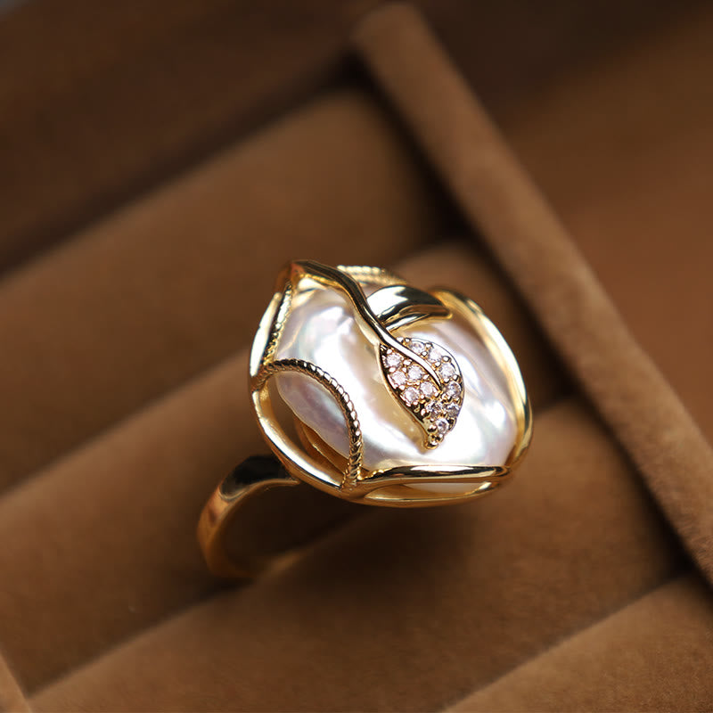 Fortune Jewel Pearl Copper Plated Gold Flower Happiness Wealth Ring