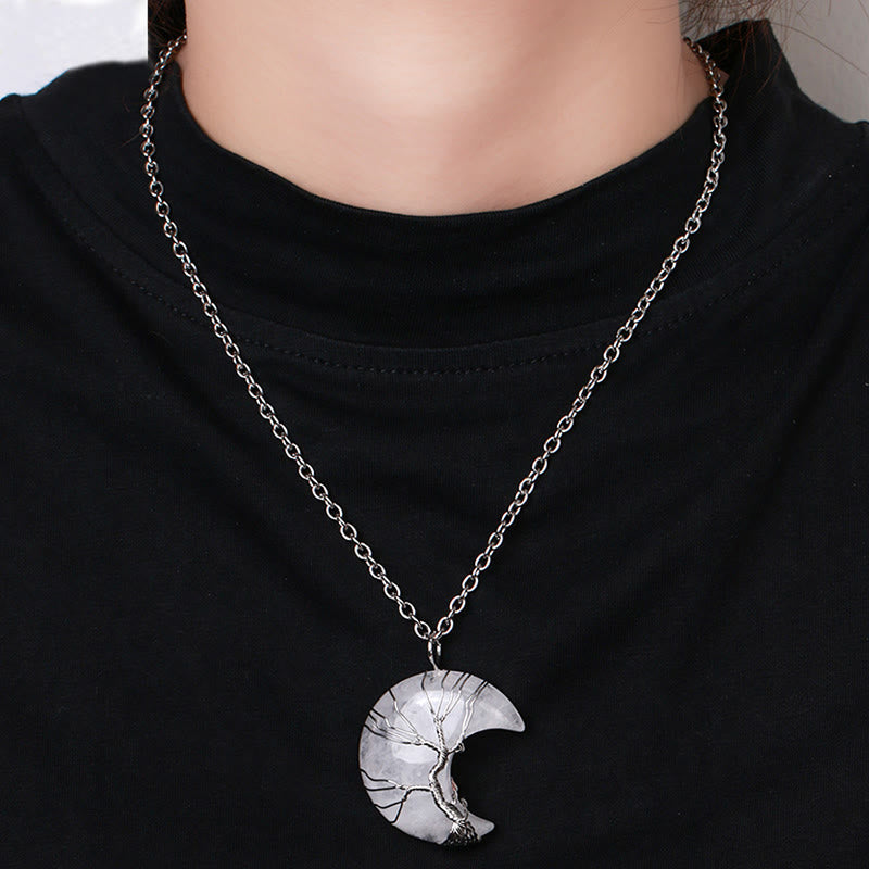 Fortune Jewel Natural Quartz Crystal Moon Tree Of Life Healing Energy Necklace Pendant