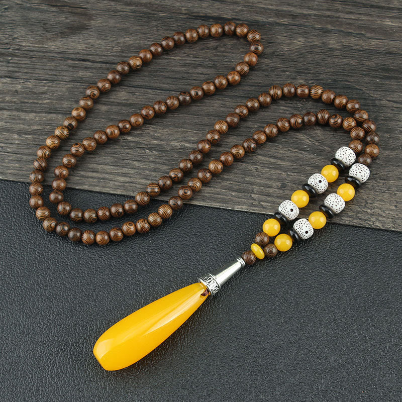 Fortune Jewel Tibetan Wenge Wood Bodhi Seed Agate Balance Peace Necklace Pendant
