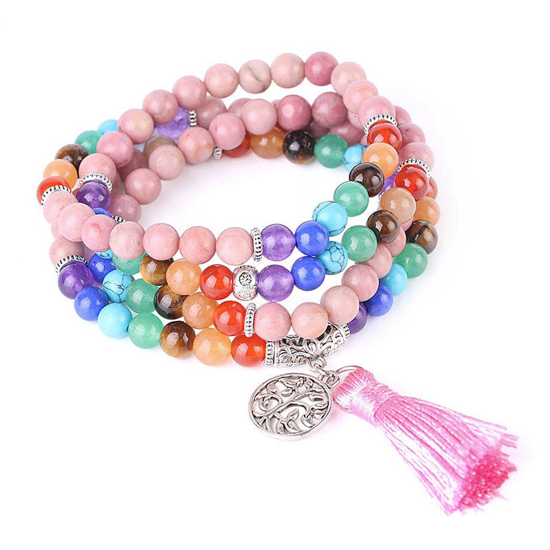Fortune Jewel 108 Mala Beads Rhodonite Blue Crystal Lazulite Healing Bracelet