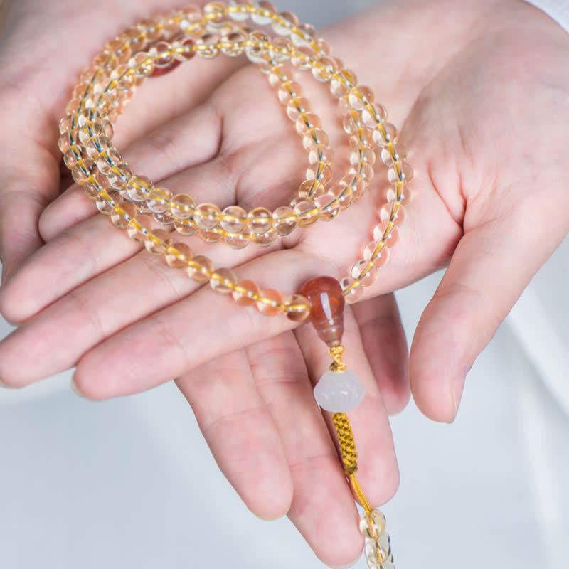 Fortune Jewel 108 Mala Beads 925 Sterling Silver Natural Citrine Red Agate White Jade Prosperity Charm Bracelet