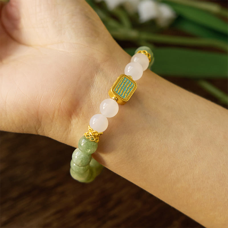 Fortune Jewel Natural Green Jade White Agate Five Scriptures Abundance Bracelet