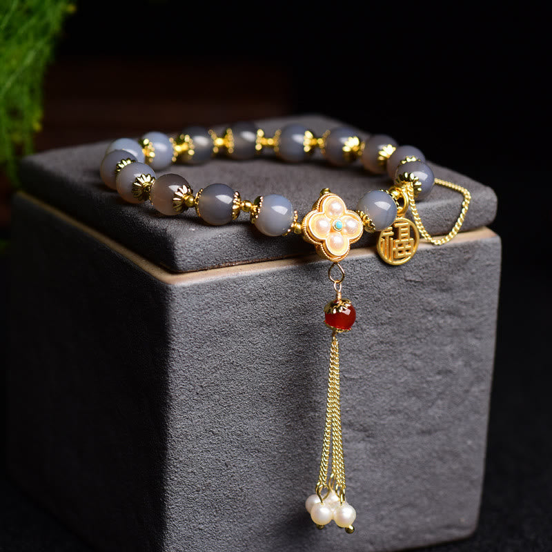 Fortune Jewel Natural Gray Agate Fu Character Pearl Tassel Balance Bracelet