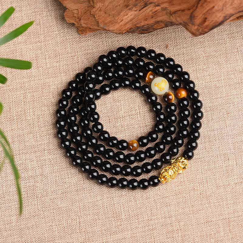 Fortune Jewel Chinese Zodiac Obsidian PiXiu Protection Mala Bracelet